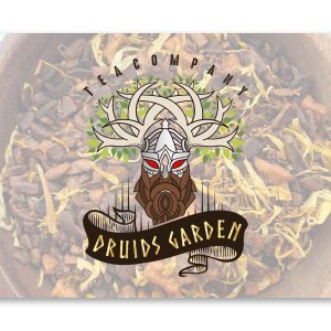 Wood Cup filled with Tea Blend with Druid's Logo
